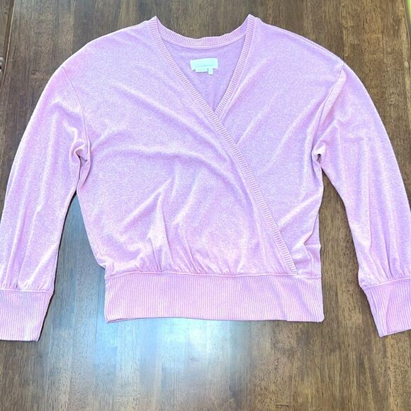 Anthropologie XL Faux Wrap Sweater Long Sleeve Blouson Cozy Dusted Pink feminine - Picture 5 of 10